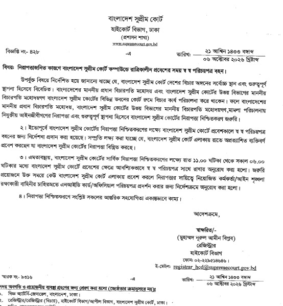 সুপ্রিম কোর্ট প্রশাসনের পক্ষ থেকে জারি করা বিজ্ঞপ্তি