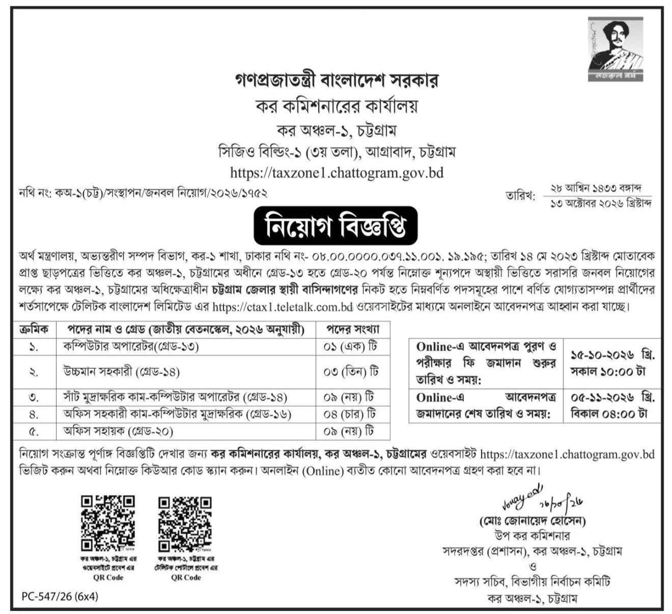 কর অঞ্চল-১ চট্টগ্রামে নিয়োগ বিজ্ঞপ্তি