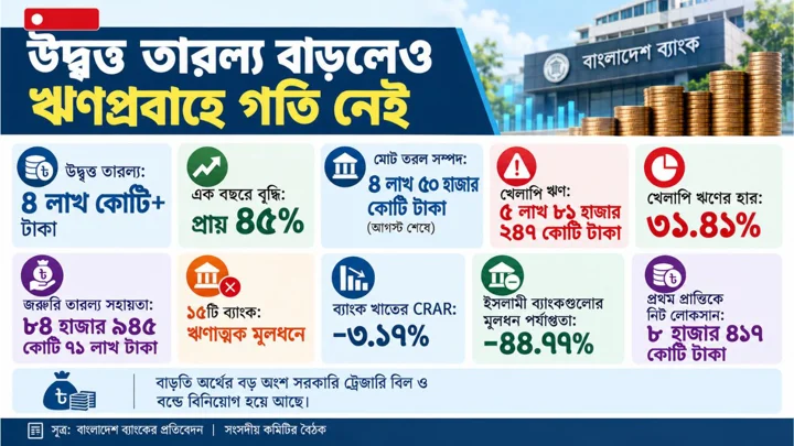 ব্যাংকে রেকর্ড উদ্বৃত্ত তারল্য, 
স্বাভাবিক নয় ঋণপ্রবাহ
