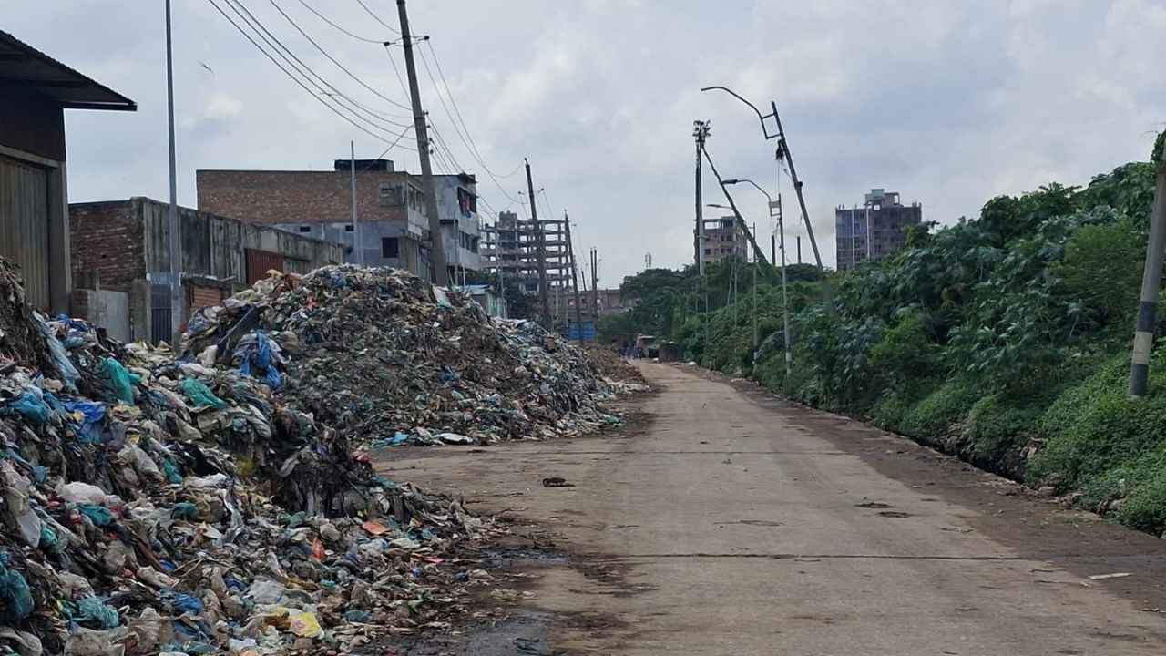 মাতুয়াইল ল্যান্ডফিল এলাকায় সড়কের পাশে ময়লা-আবর্জনার স্তূপ। ছবি: সিজেডএন টোয়েন্টিফোর