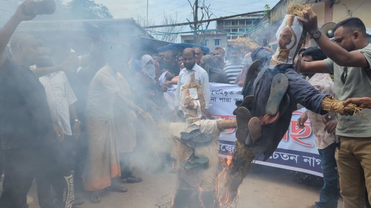 বিক্ষোভ মিছিল শেষে গাজী নজরুলের কুশপুত্তলিকা দাহ করে আন্দোলনকারীরা। ছবি: সিজেডএন টোয়েন্টিফোর