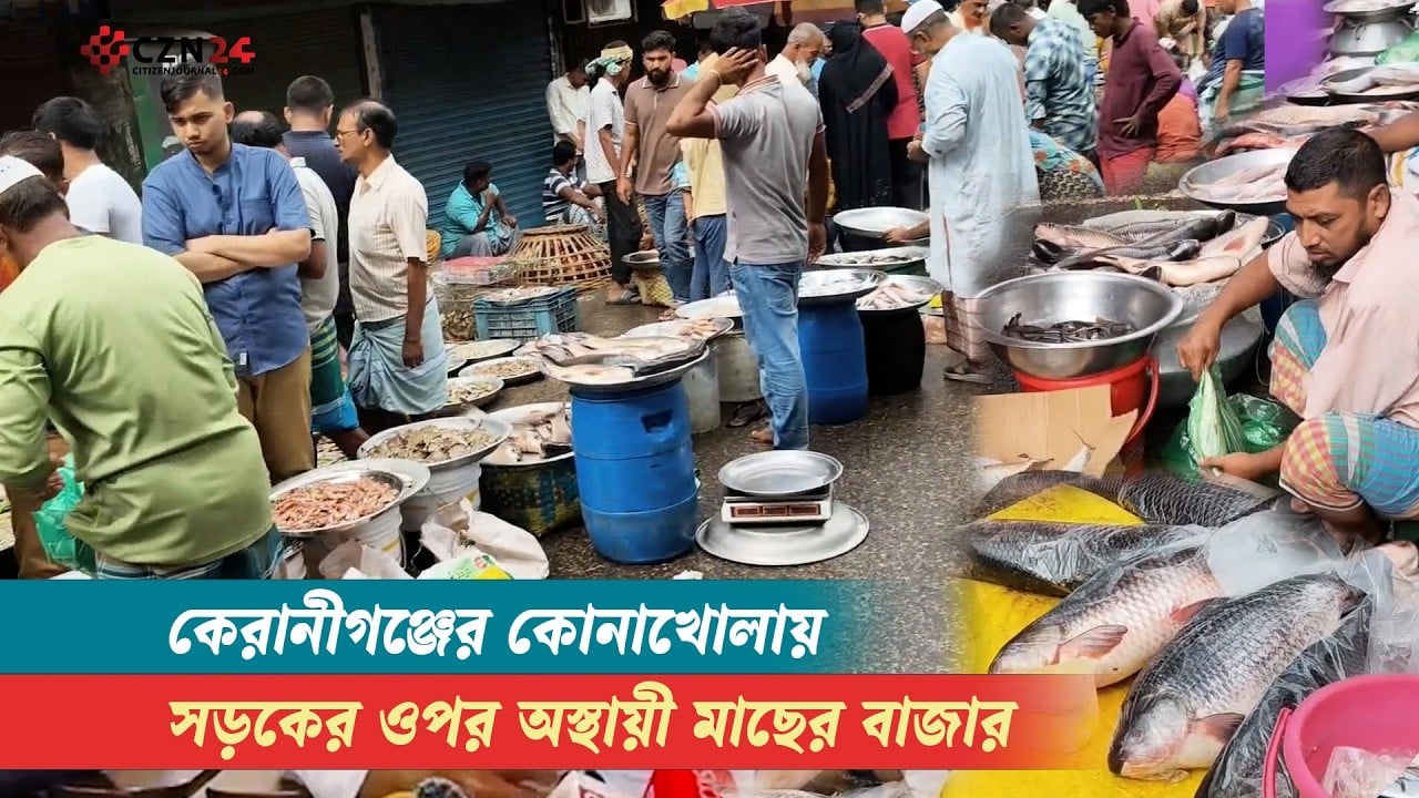 
কেরানীগঞ্জের কোনাখোলায় সড়কের ওপর অস্থায়ী মাছের বাজার 