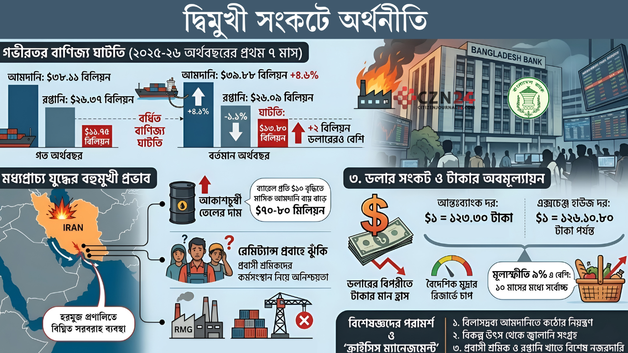 মধ্যপ্রাচ্যে যুদ্ধ ও বাণিজ্য ঘাটতিতে সংকটে অর্থনীতি