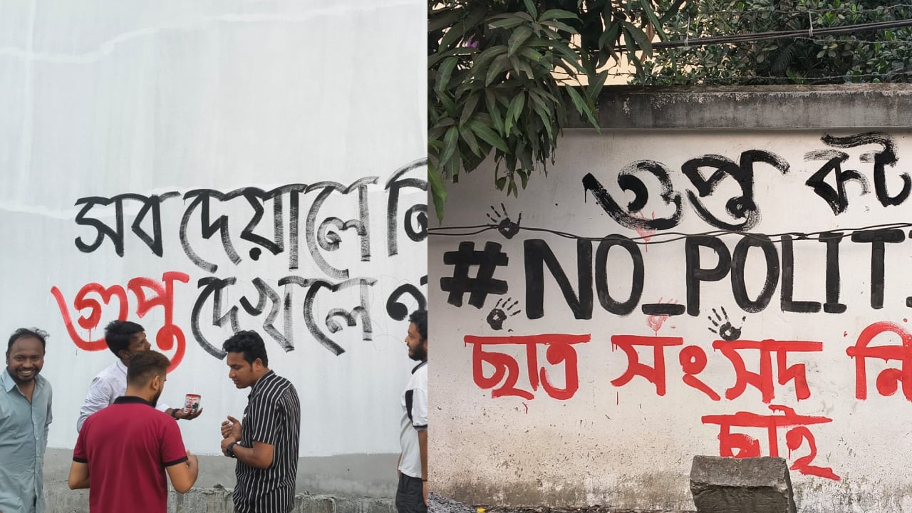 শিবিরের ‘গুপ্ত রাজনীতি’ নিষিদ্ধের দাবিতে নজরুল বিশ্ববিদ্যালয়ের ছাত্রদলের দেয়াললিখন