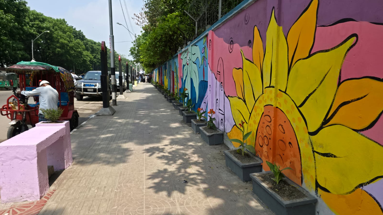 নান্দনিক ফুটপাতে শোভা পাচ্ছে সৌন্দর্যবর্ধক গাছ আর দেয়ালজুড়ে বৈচিত্র্যময় গ্রাফিতি