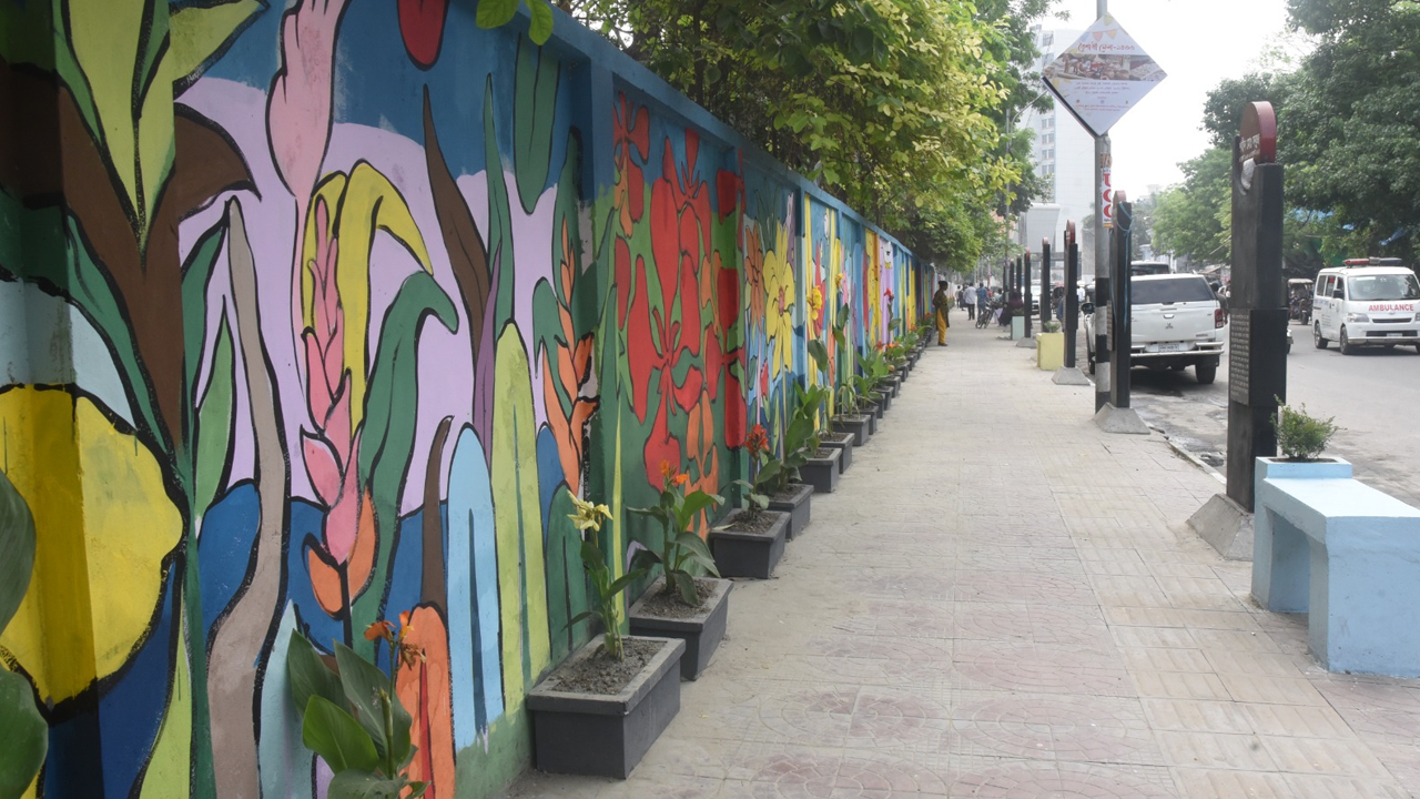 নান্দনিক ফুটপাতে শোভা পাচ্ছে সারি সারি ফুলের টব, সৌন্দর্যবর্ধক গাছ আর দেয়ালজুড়ে বৈচিত্র্যময় গ্রাফিতি