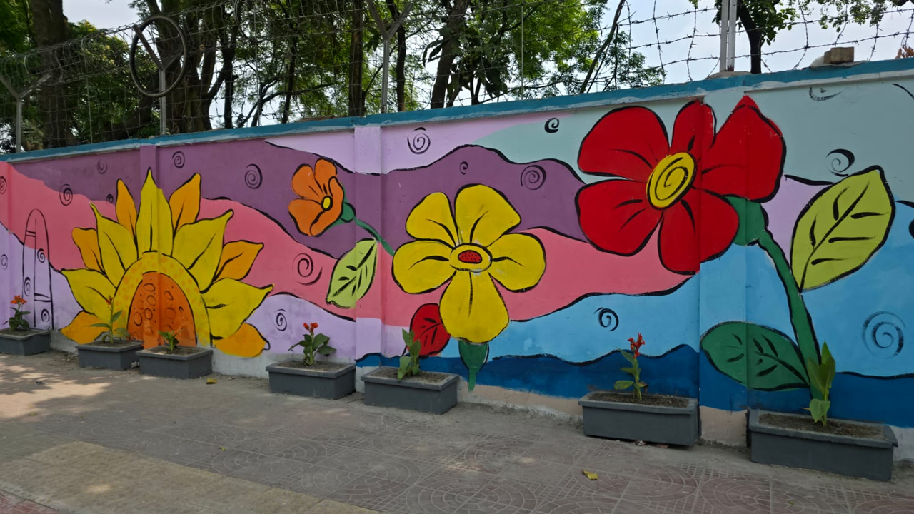 ফুটপাতের দেয়ালজুড়ে বৈচিত্র্যময় গ্রাফিতি