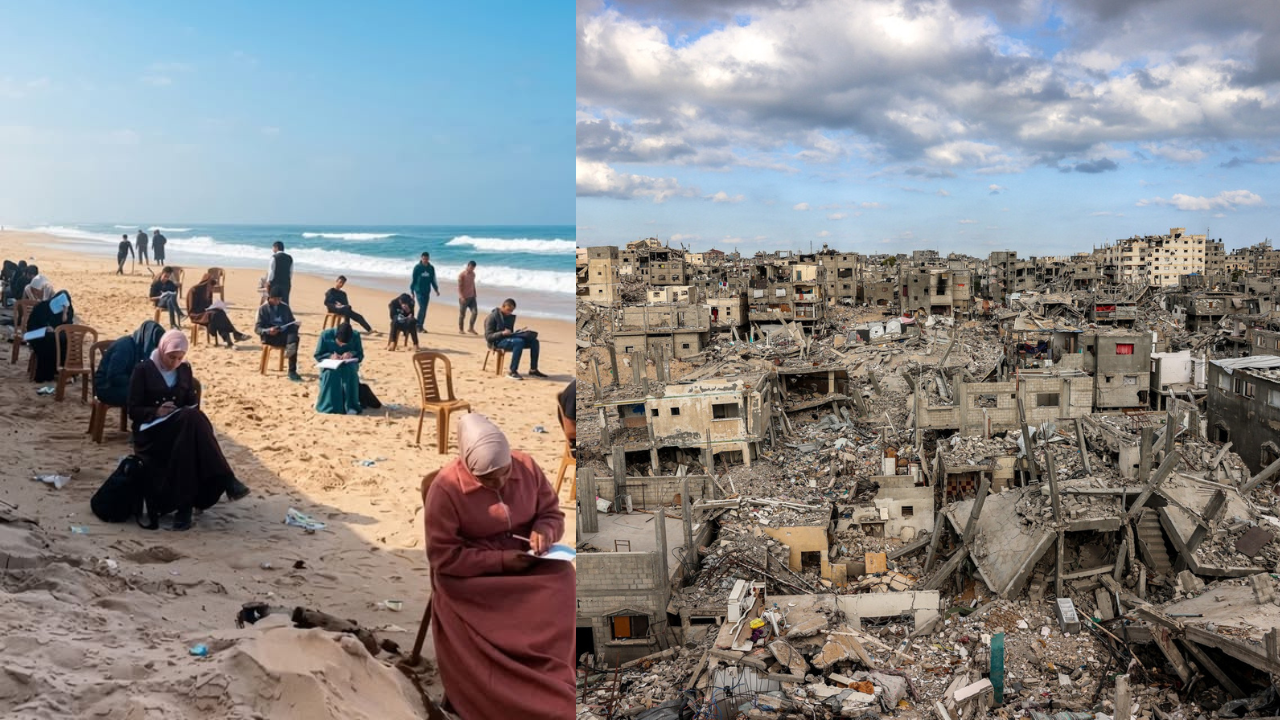 সৈকতে খোলা আকাশের নিচে পরীক্ষা দিচ্ছেন ফিলিস্তিনি শিক্ষার্থীরা