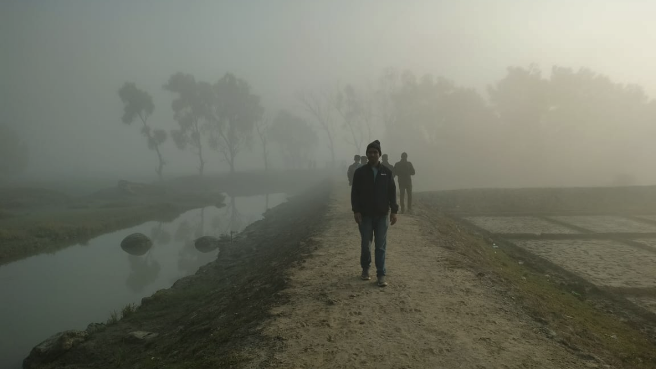 কুয়াশাভেজা গ্রামের সড়ক ধরে কয়েকজন মানুষ এগিয়ে চলেছে– শীতের সকালে জীবনের স্বাভাবিক ছন্দ থেমে থাকে না।