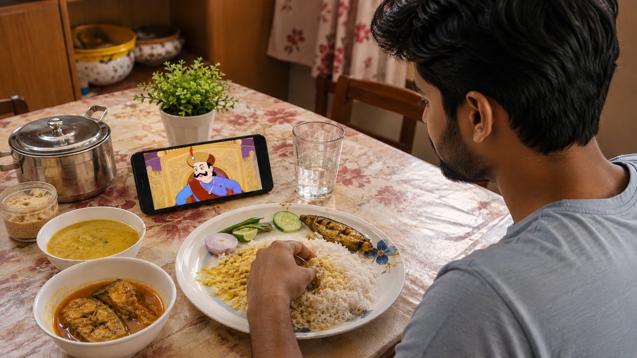 খাওয়ার সময় ফোনে গোপাল ভাঁড়, অভ্যাস নাকি নেশা